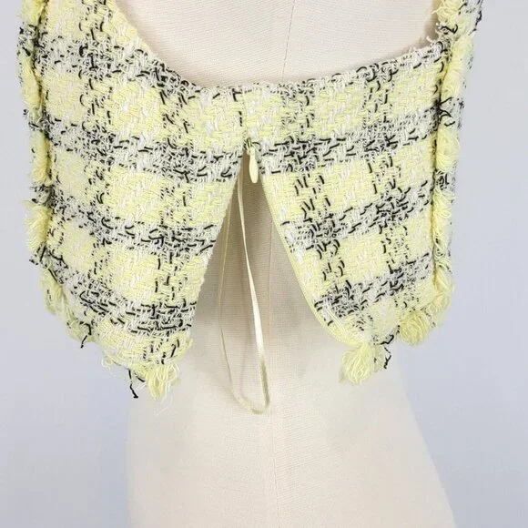 Y2K Zara Womens Crop Top Size L Yellow Black Plaid Frayed Preppy Popstar Bratz - Picture 8 of 14